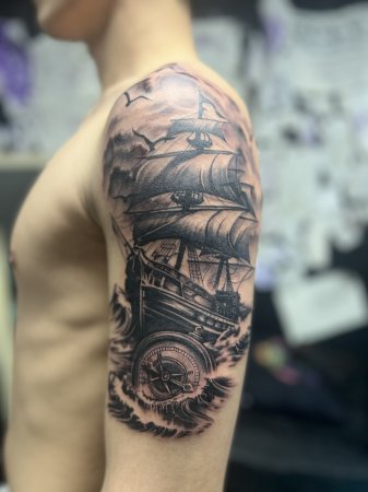 帆船纹身；指南针纹身；-缩略图